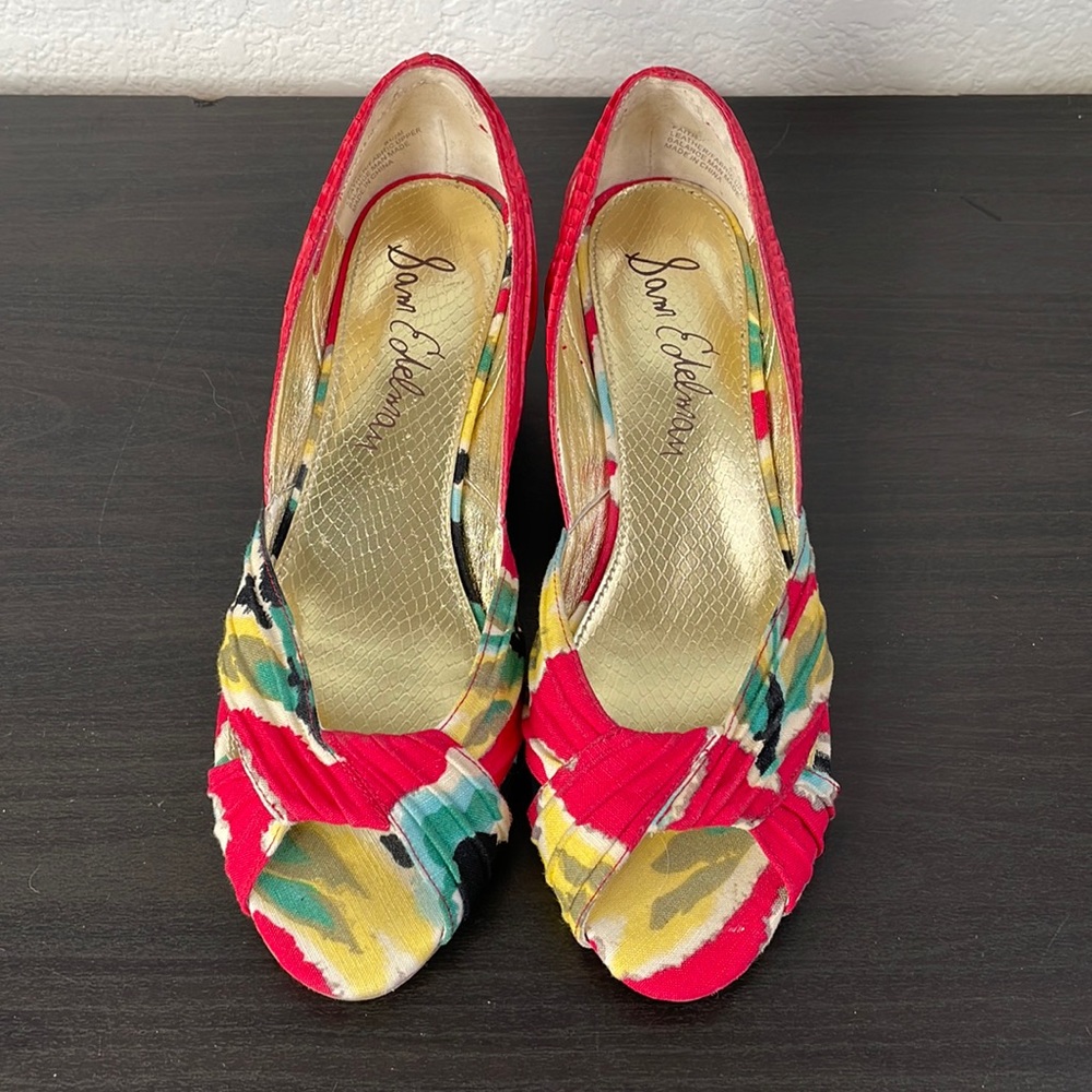 Sam Edelman Multicolor Fabric Wedges - Red, Yellow, Teal, Black